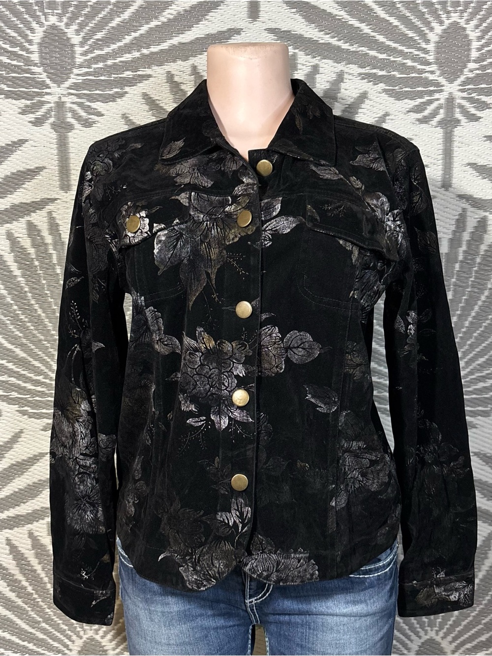 Vtg Black Velvet Floral Jacket Metallic Print Sz S Whimsigoth Romantic Goth 90s